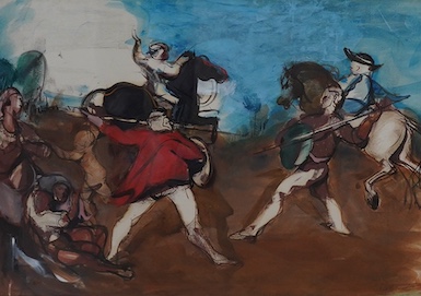 Jean Mablord (French, 1909-1978), ink and gouache on paper, Battle scene, signed in ink, 32 x 46cm